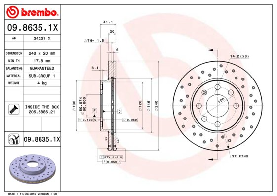 BREMBO brzdový kotúč 09.8635.1X, súprava 2 ks