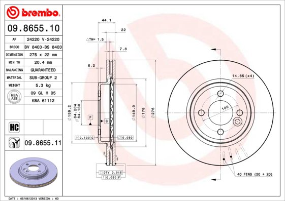 BREMBO brzdový kotúč 09.8655.11, súprava 2 ks