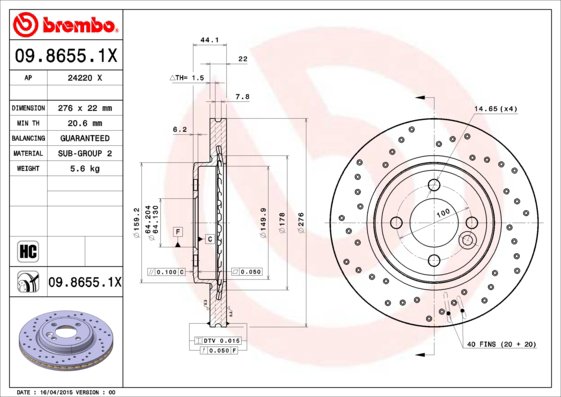 BREMBO brzdový kotúč 09.8655.1X, súprava 2 ks