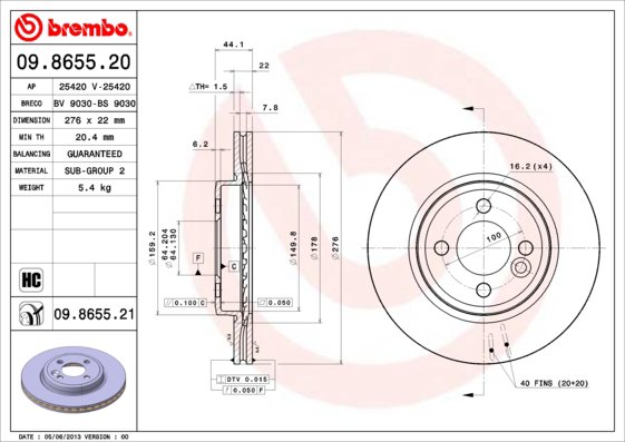 BREMBO brzdový kotúč 09.8655.21, súprava 2 ks