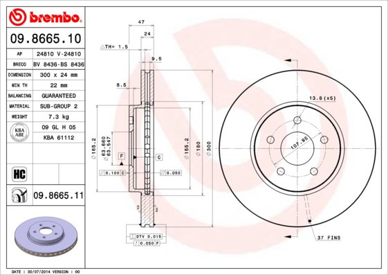 BREMBO brzdový kotúč 09.8665.11, súprava 2 ks