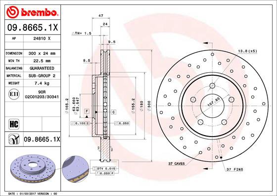 BREMBO brzdový kotúč 09.8665.1X, súprava 2 ks