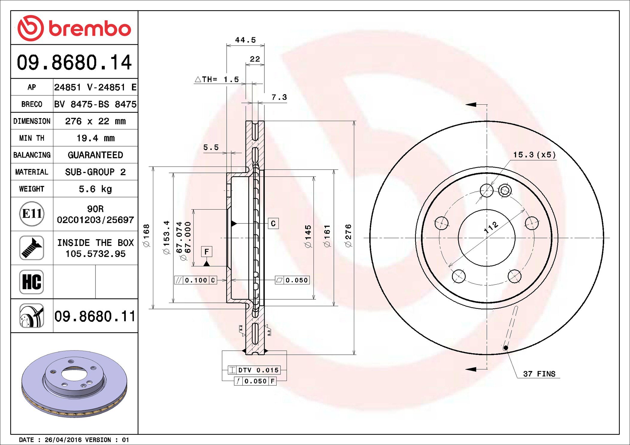 BREMBO brzdový kotúč 09.8680.11, súprava 2 ks