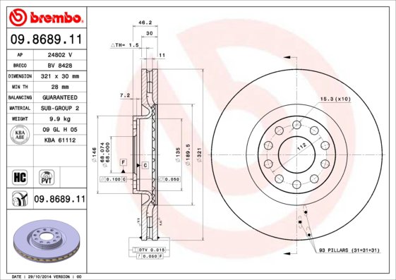 BREMBO brzdový kotúč 09.8689.11, súprava 2 ks