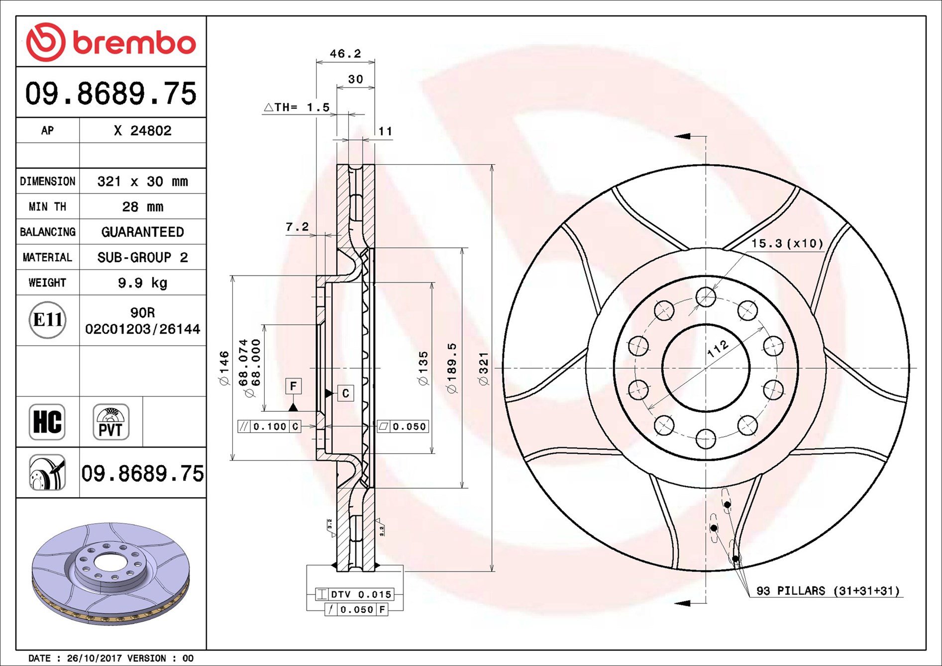 BREMBO brzdový kotúč 09.8689.75, súprava 2 ks