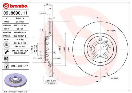 BREMBO brzdový kotúč 09.8690.11, súprava 2 ks