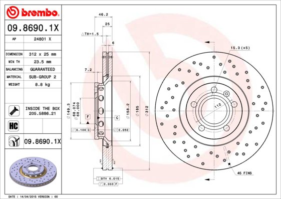 BREMBO brzdový kotúč 09.8690.1X, súprava 2 ks