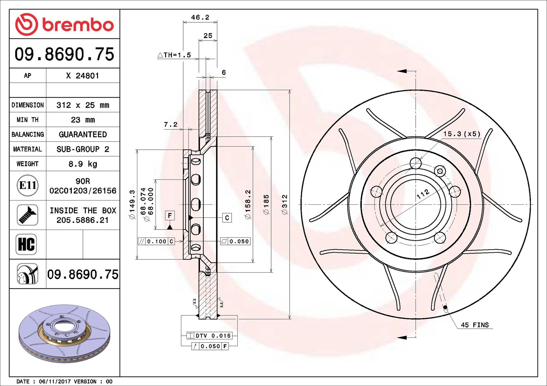 BREMBO brzdový kotúč 09.8690.75, súprava 2 ks