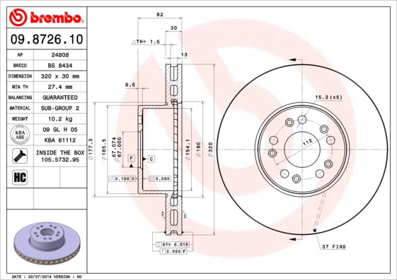 BREMBO brzdový kotúč 09.8726.10, súprava 2 ks