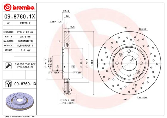 BREMBO brzdový kotúč 09.8760.1X, súprava 2 ks