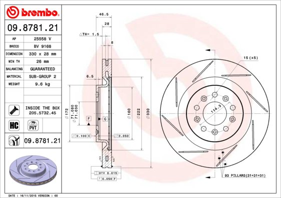BREMBO brzdový kotúč 09.8781.21, súprava 2 ks