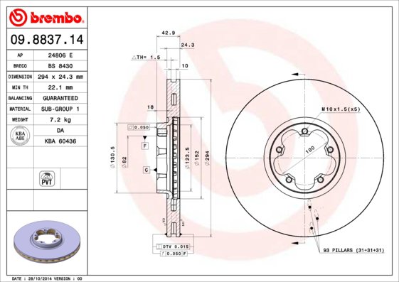 BREMBO brzdový kotúč 09.8837.14, súprava 2 ks