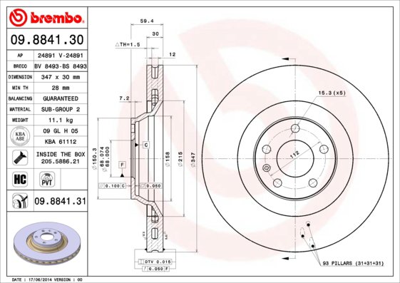 BREMBO brzdový kotúč 09.8841.31, súprava 2 ks