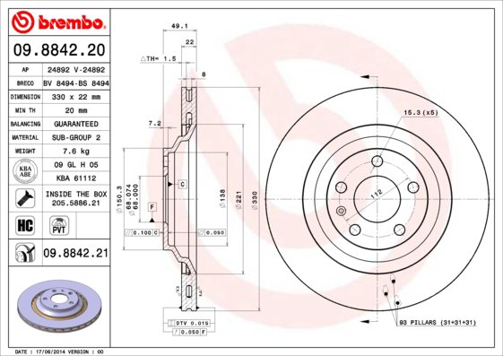 BREMBO brzdový kotúč 09.8842.21, súprava 2 ks