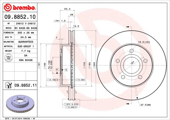 BREMBO brzdový kotúč 09.8852.11, súprava 2 ks