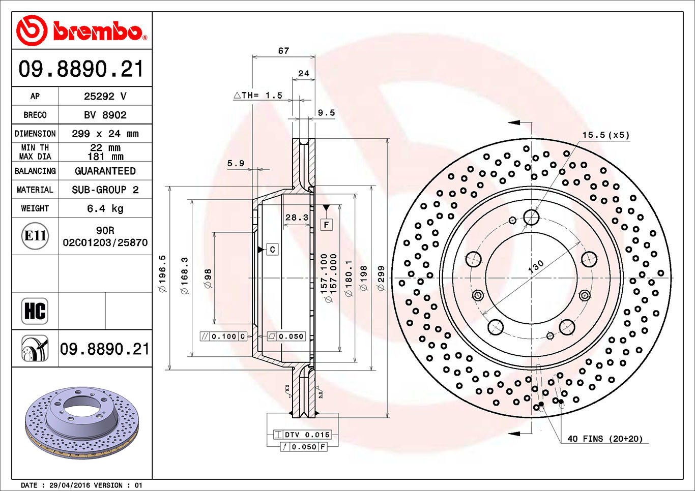 BREMBO brzdový kotúč 09.8890.21, súprava 2 ks
