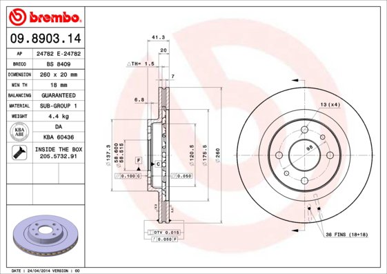 BREMBO brzdový kotúč 09.8903.14, súprava 2 ks
