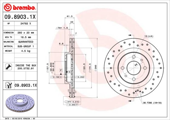 BREMBO brzdový kotúč 09.8903.1X, súprava 2 ks