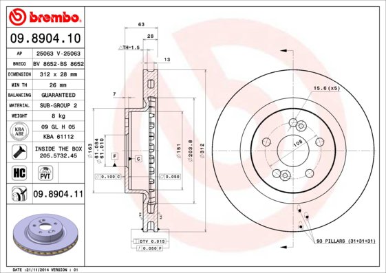 BREMBO brzdový kotúč 09.8904.11, sada 2 ks