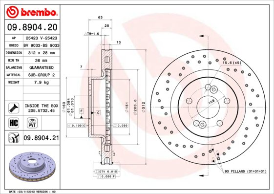 BREMBO brzdový kotúč 09.8904.21, súprava 2 ks