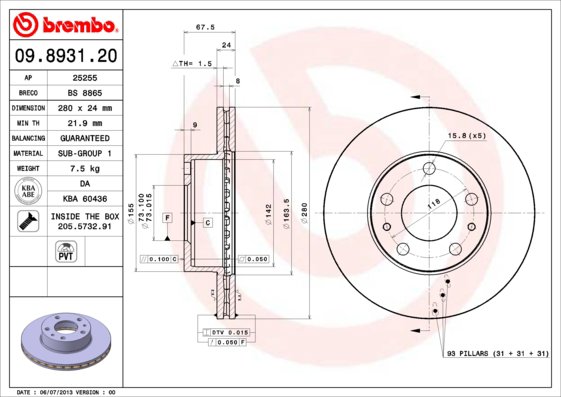 BREMBO brzdový kotúč 09.8931.21, sada 2 ks