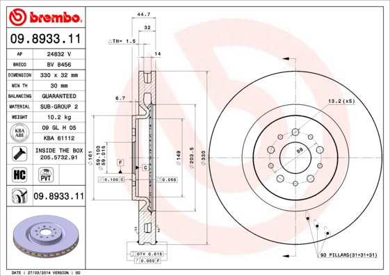 BREMBO brzdový kotúč 09.8933.11, súprava 2 ks