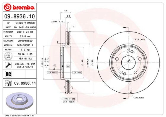 BREMBO brzdový kotúč 09.8936.11, súprava 2 ks
