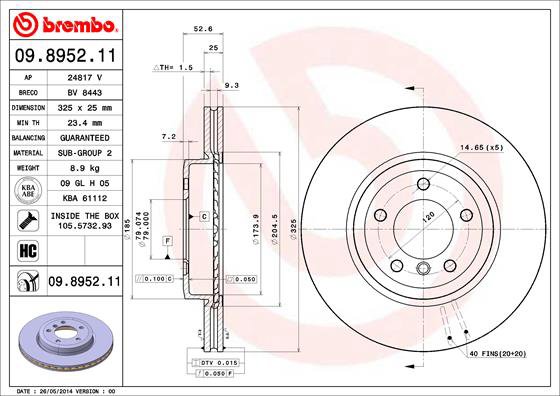 BREMBO brzdový kotúč 09.8952.11, súprava 2 ks