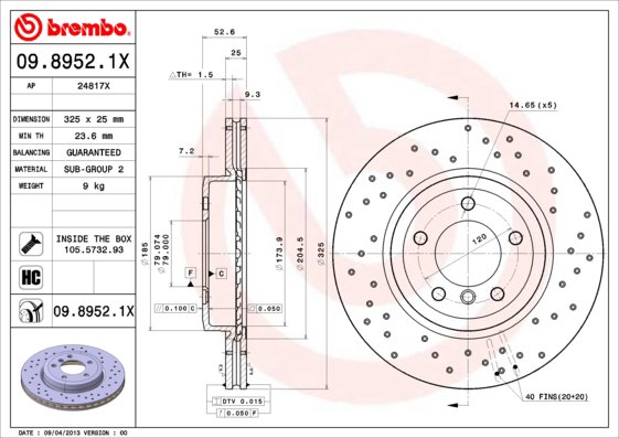 BREMBO brzdový kotúč 09.8952.1X, súprava 2 ks