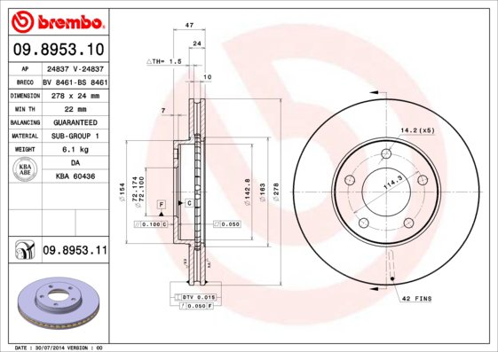 BREMBO brzdový kotúč 09.8953.11, sada 2 ks