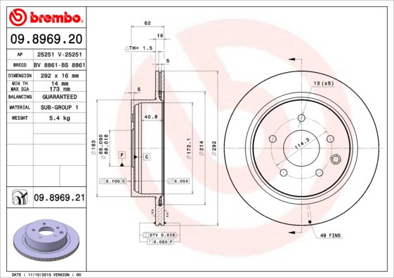 BREMBO brzdový kotúč 09.8969.21, sada 2 ks