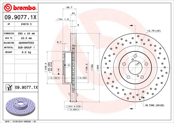 BREMBO brzdový kotúč 09.9077.1X, súprava 2 ks