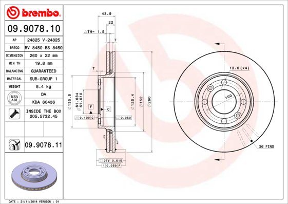 BREMBO brzdový kotúč 09.9078.11, sada 2 ks