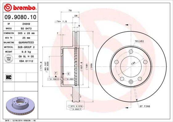 BREMBO brzdový kotúč 09.9080.10, súprava 2 ks