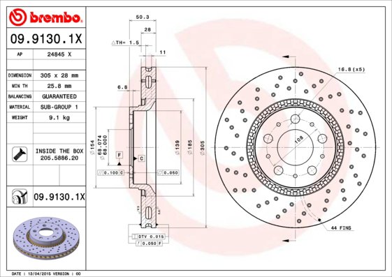 BREMBO brzdový kotúč 09.9130.1X, súprava 2 ks