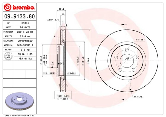BREMBO brzdový kotúč 09.9133.81, sada 2 ks