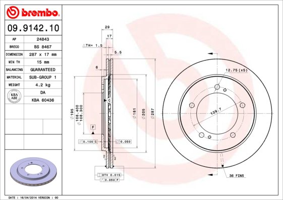 BREMBO brzdový kotúč 09.9142.10, súprava 2 ks