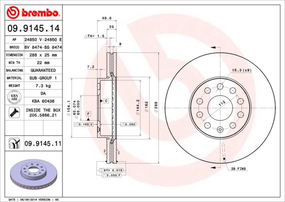 BREMBO Kotúč bŕzd OC2 288 BREMBO 09.9145.14, súprava 2 ks