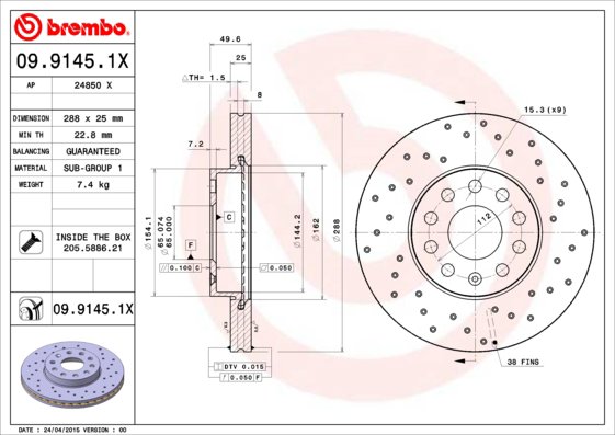 BREMBO brzdový kotúč 09.9145.1X, súprava 2 ks