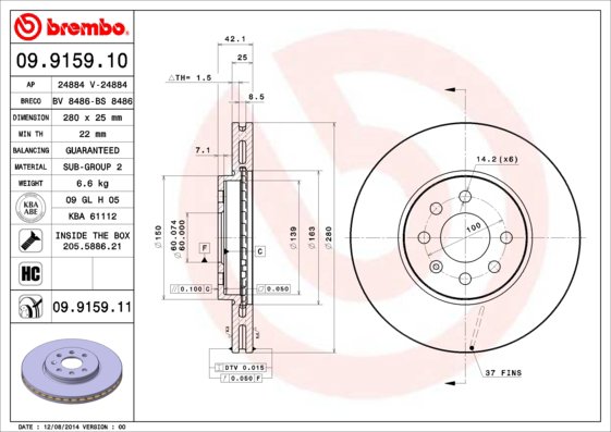 BREMBO brzdový kotúč 09.9159.11, súprava 2 ks