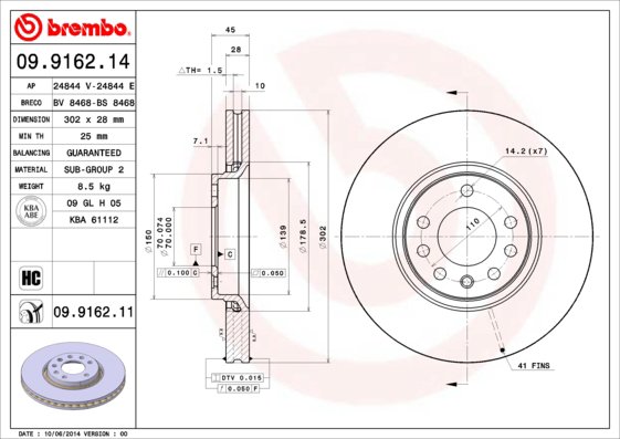 BREMBO brzdový kotúč 09.9162.11, súprava 2 ks