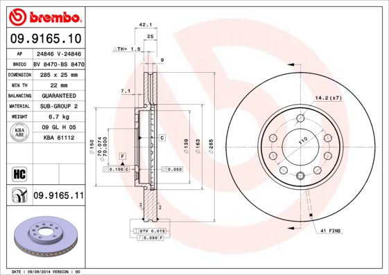 BREMBO brzdový kotúč 09.9165.11, sada 2 ks