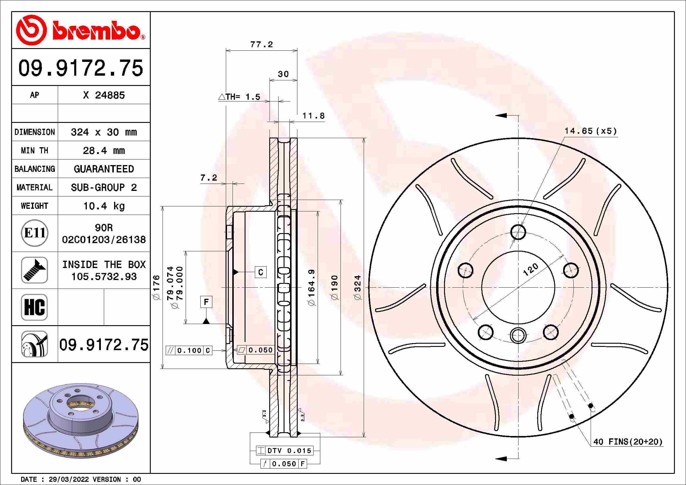 BREMBO brzdový kotúč 09.9172.75, sada 2 ks