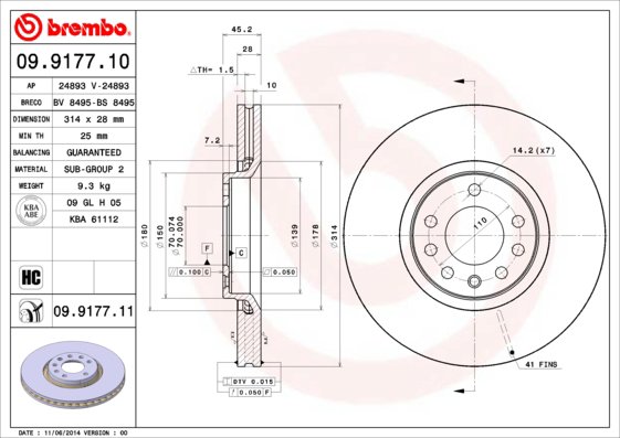 BREMBO brzdový kotúč 09.9177.11, súprava 2 ks