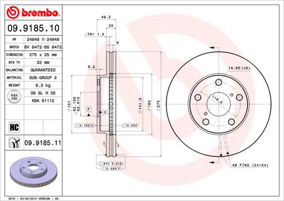 BREMBO brzdový kotúč 09.9185.11, súprava 2 ks