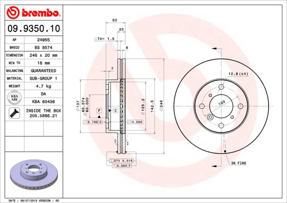BREMBO brzdový kotúč 09.9350.10, súprava 2 ks