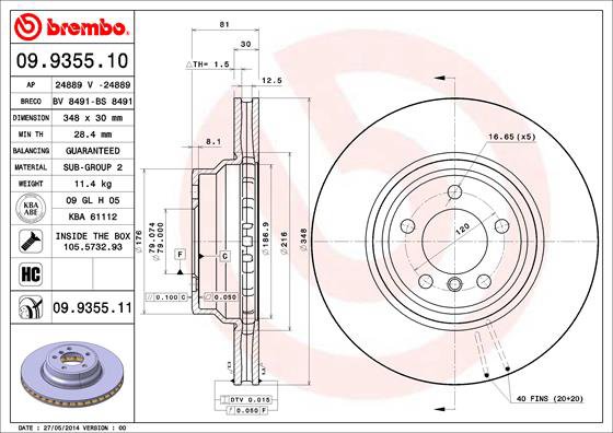 BREMBO brzdový kotúč 09.9355.11, sada 2 ks