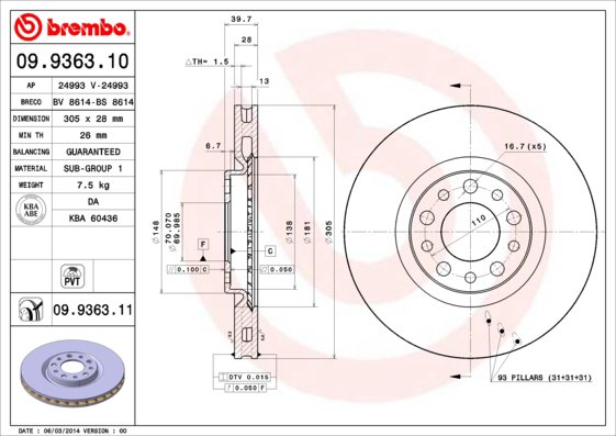 BREMBO brzdový kotúč 09.9363.11, súprava 2 ks