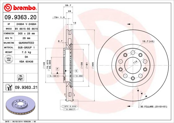 BREMBO brzdový kotúč 09.9363.21, súprava 2 ks