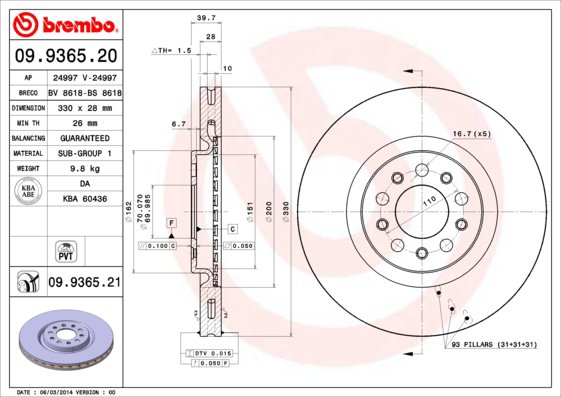 BREMBO brzdový kotúč 09.9365.21, súprava 2 ks
